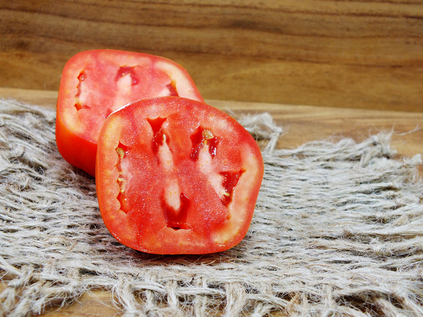 fresh tomato close up on wooden background - Fotoğraf, Görsel