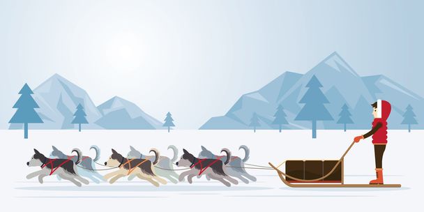 People with Arctic Dogs Sledding, Panorama Background - Vector, Image