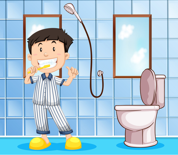 トイレで歯を磨く少年 - ベクター画像