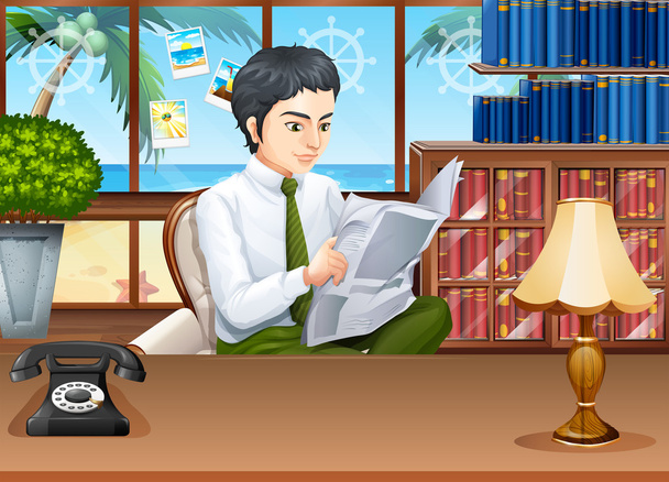 Бизнесмен читает газеты в офисе
 - Вектор,изображение