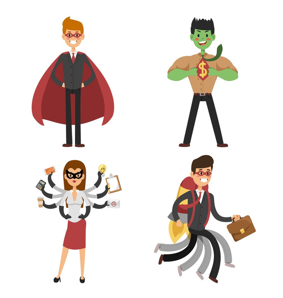 Superhéroes hombres y mujeres de negocios en acción
 - Vector, imagen