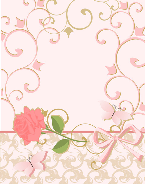 Background in pink colors with rose and butterfly. - Vector, afbeelding