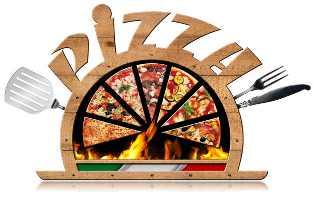 Símbolo de madera de la pizza italiana con llamas
 - Foto, imagen