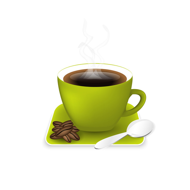 Csésze kávé kávébab és a kanál. - Vektor, kép