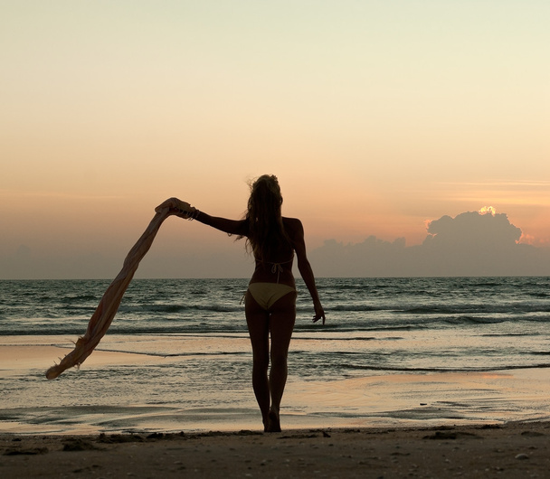 krásná žena stojící na pláži při západu slunce - Fotografie, Obrázek