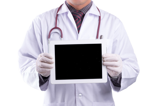 doctor holding blank digital tablet isolated on white background - Photo, Image