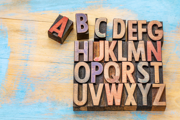 alphabet in vintage wood type - Foto, imagen