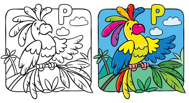Vicces papagáj kifestőkönyv. Ábécé P - Vektor, kép
