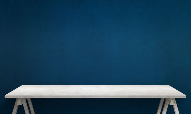 moderner weißer Tisch mit Beinen und Freiraum. blaue Wand Textur im Hintergrund. - Foto, Bild
