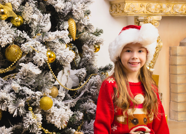 Small cute girl sitting near the christmas tree - Valokuva, kuva