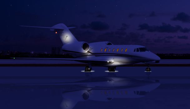 Частный самолет ночью на взлетно-посадочной полосе
 - Фото, изображение