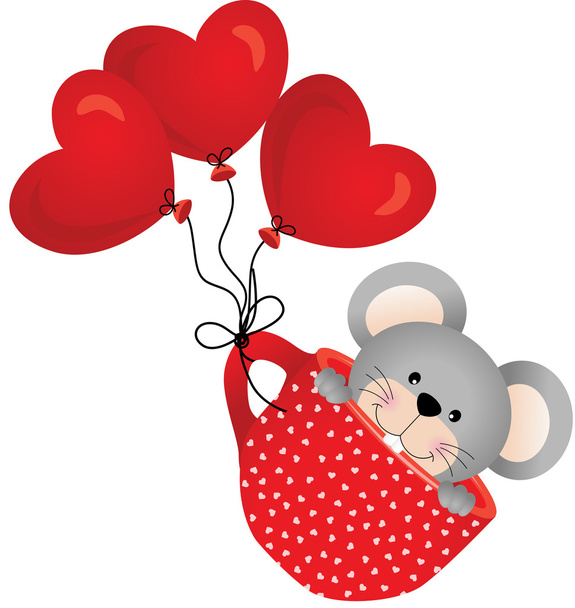 Teddy bear flying in red cup with heart balloons - Διάνυσμα, εικόνα