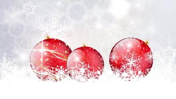 Flocos de neve voadores e bolas de Natal vermelho com brilhos
 - Filmagem, Vídeo
