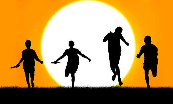 Spor genç çocuk gitmek günbatımı arka plan kazanan için çalışıyor - Fotoğraf, Görsel