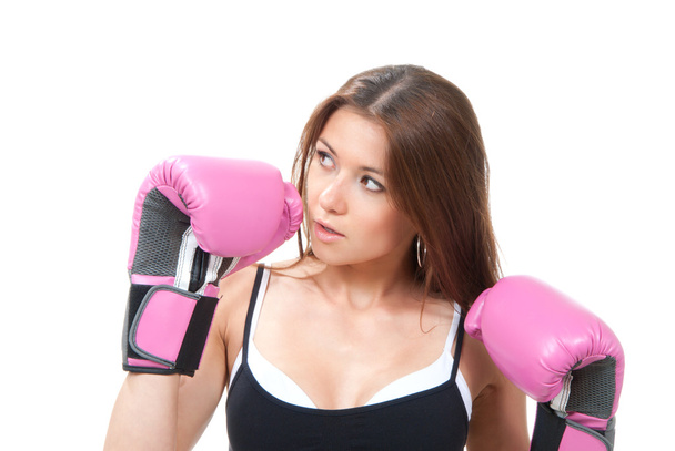 Sports Boxing Woman in pink box gloves - Fotoğraf, Görsel
