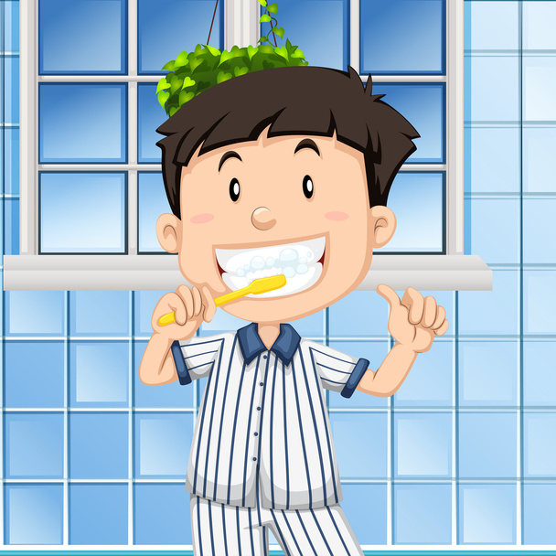 トイレで歯を磨く少年 - ベクター画像