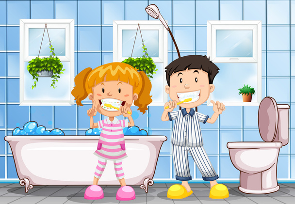 Erkek ve kız banyoda diş fırçalama - Vektör, Görsel