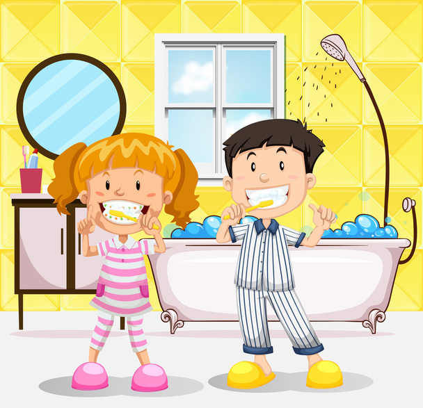 Erkek ve kız banyoda diş fırçalama - Vektör, Görsel