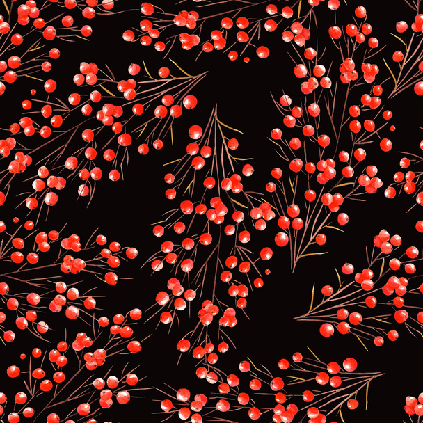 A pattern with watercolor branches with the red berries - Photo, Image