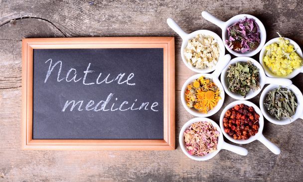 Nature medicine Herbs on wooden background - Foto, Imagen