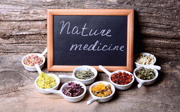 Nature medicine Herbs on wooden background - Foto, Imagem