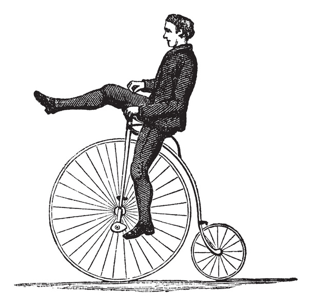 Penny-farthing ή υψηλή ρόδα ποδηλάτων, vintage Χαρακτική - Διάνυσμα, εικόνα
