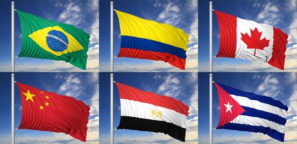 Collection of six flags of Brazil,Colombia,Canada, China,Egypt,Cuba - Zdjęcie, obraz
