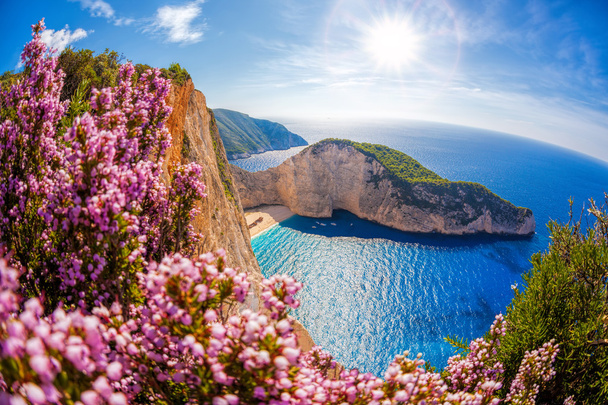 Navagio beach with shipwreck and flowers against sunset, Zakynthos island, Greece - Photo, Image
