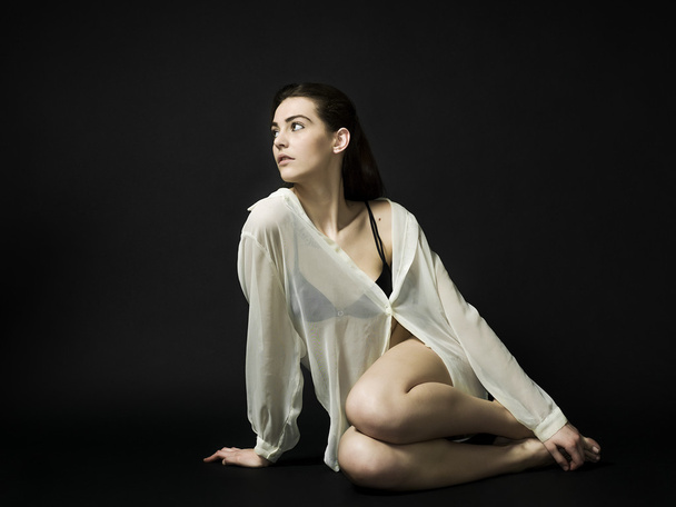 Gorgeous girl portrait wearing white transparent blouse and look - Fotografie, Obrázek