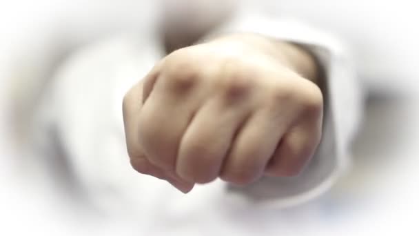 Вид спереди мастера каратэ, ударяющего обеими руками, петляющий
 - Кадры, видео