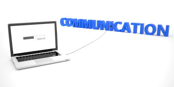 Communication - laptop notebook computer connected to a word on white background. 3d render illustration. - Foto, Imagen