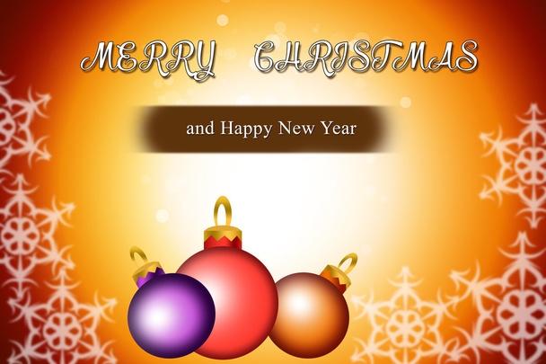 Horizontal yellow digital background with white snowflakes and glass balls - Photo, Image