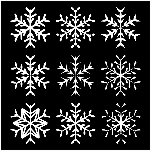 Sněhová vločka silueta ikona, symbolu, design. Zimní, vánoční vektorové ilustrace izolované na černém pozadí. - Vektor, obrázek