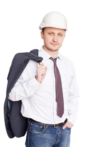 Engineer with white hard hat standing confidently isolated on wh - Фото, изображение