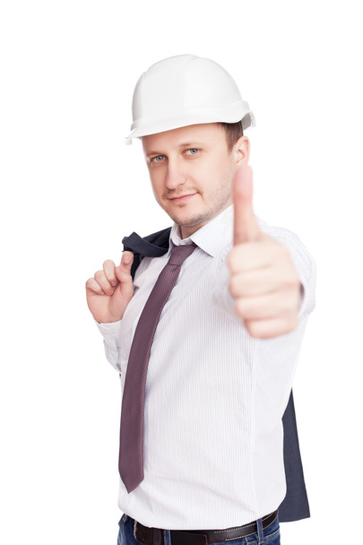 Successful engineer with thumbs up gesture isolated on white bac - Foto, immagini