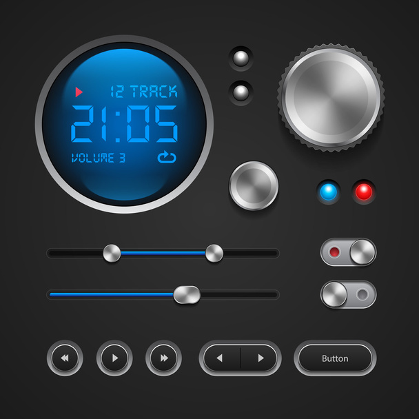 Hi-End User Interface Elements: Buttons, Switchers, On, Off, Player, Audio, Video: Play, Stop, Next, Pause, Volume - Vektor, kép