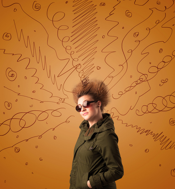 Excited young woman with extreme hairtsyle and hand drawn lines - Foto, Bild