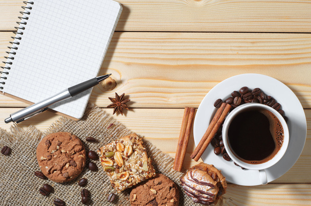 notebook, coffee, cookie, pastry, breakfast, espresso, backgroun - Zdjęcie, obraz