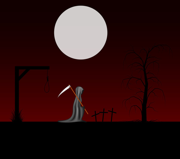 Страшный фон с мрачным жнецом с косой на кладбище
 - Вектор,изображение
