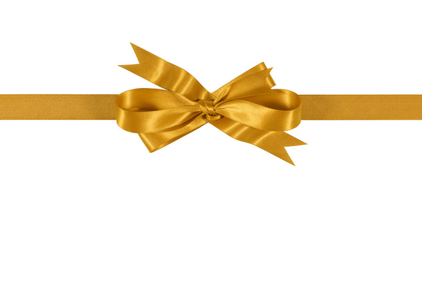 Beyaz arka plan üzerinde düz yatay izole altın hediye şerit yay - Fotoğraf, Görsel