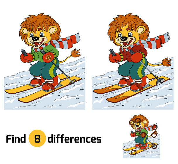 Find differences game: little lion skiing - Vector, Image