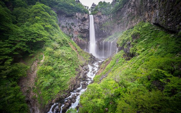 Silk water in bottom of Kegon Falls, Nikko, wide angle - Photo, Image