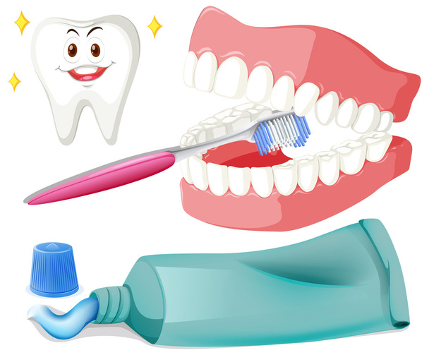 Brushing teeth with brush and paste - Vector, Image