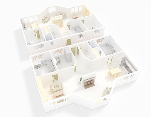 3D εσωτερικό απόδοση του διπλό διαμέρισμα με τους άσπρους τοίχους γύρω από - Φωτογραφία, εικόνα