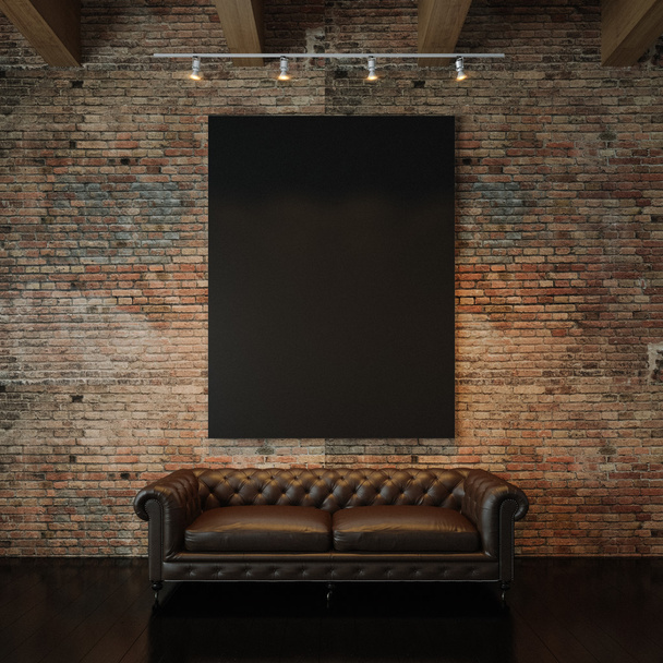 Photo of black empty canvas on the natural brick wall background and vintage classic sofa. 3d render - Fotografie, Obrázek