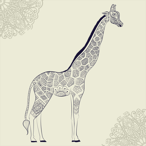 Beautiful adult Giraffe. Hand drawn Illustration of ornamental giraffe.  isolated giraffe on dark background. Seamless pattern from an ornamental giraffe - Vektori, kuva