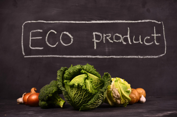 cabbage, cauliflower , broccoli and hand drawn sign the eco product - Foto, imagen
