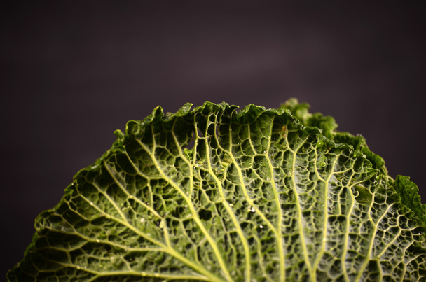 Close up of organic savoy cabbage on the wooden background - Zdjęcie, obraz