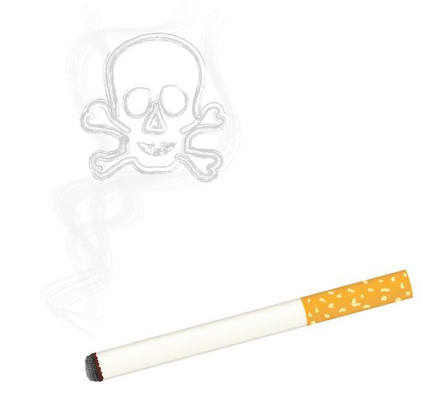 Égő cigaretta + koponya a füst - Vektor, kép