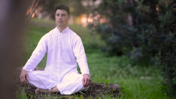 Männer in weißen Kleidern meditieren im Park - Filmmaterial, Video
